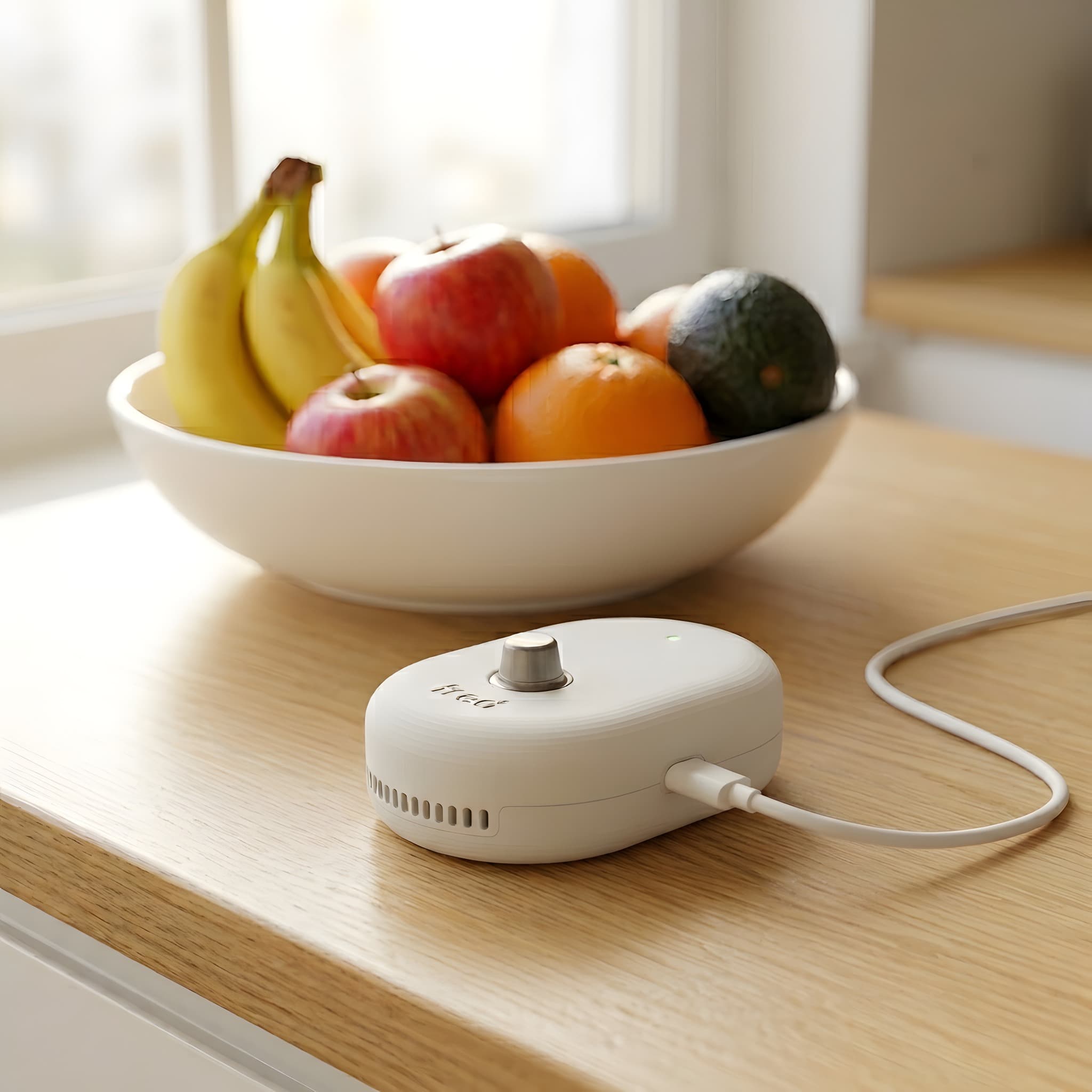 Fred conectado por USB-C junto a un frutero blanco con plátanos, una manzana y una naranja
