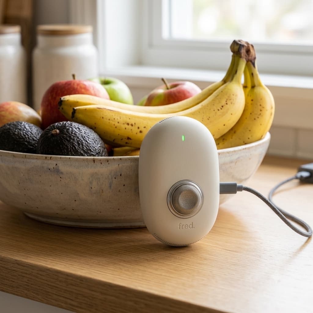 Fred junto a un frutero con plátanos, manzanas y aguacates en una barra de cocina, conectado por USB-C