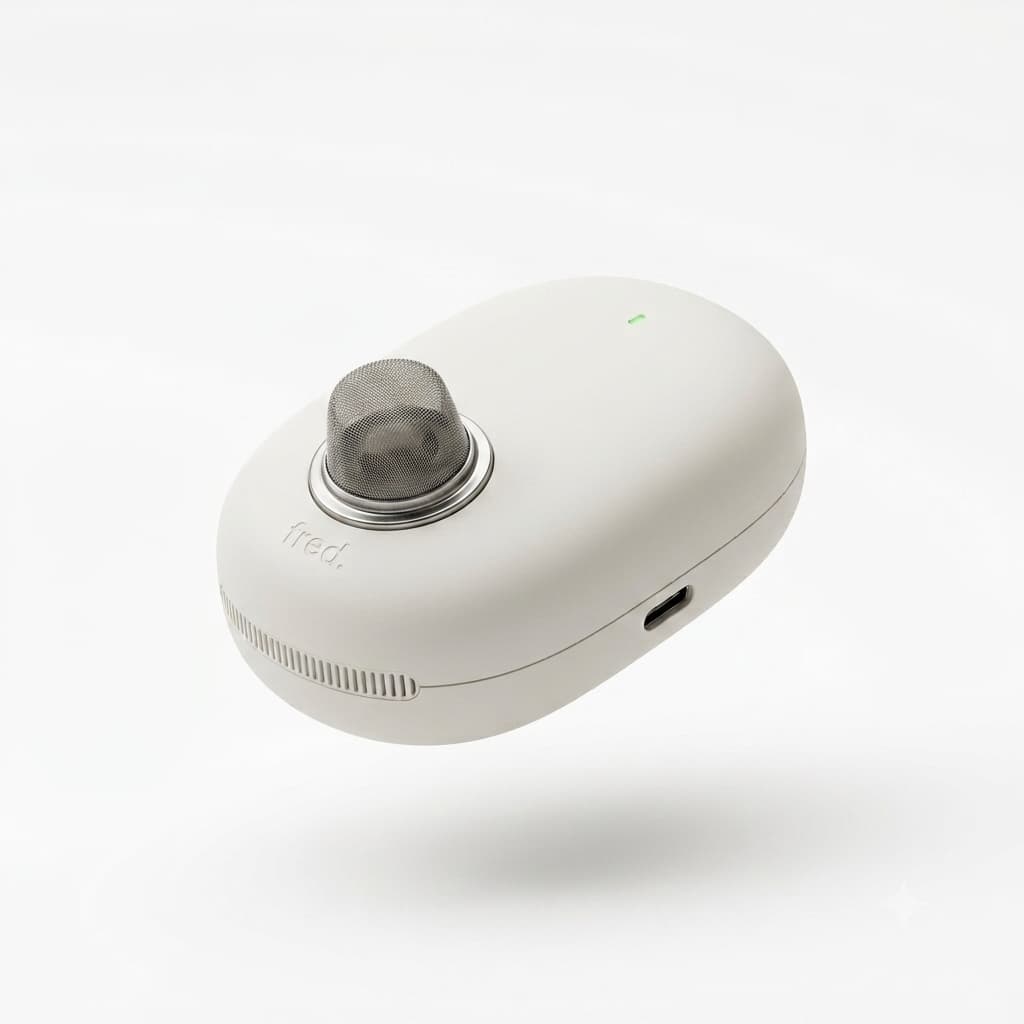 Fred, un sensor de cocina con cuerpo de guijarro blanco hueso, rejilla metálica en la cara superior y puerto USB-C